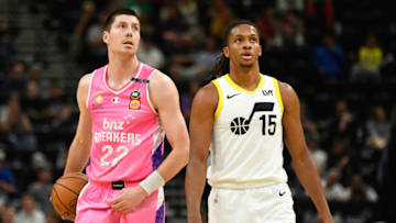 SALT LAKE CITY, UTAH - OCTOBER 16: Dane Pineau #22 of the New Zealand Breakers and Romeo Langford #15 of the Utah Jazz look on during the second half of a preseason game at Delta Center on October 16, 2023 in Salt Lake City, Utah. NOTE TO USER: User expressly acknowledges and agrees that, by downloading and or using this photograph, User is consenting to the terms and conditions of the Getty Images License Agreement. (Photo by Alex Goodlett/Getty Images)