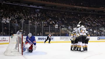 NEW YORK, NEW YORK - DECEMBER 02: The Vegas Golden Knights celebrate a power-play goal by Alex Tuch #89 at 3:50 of the first period against Henrik Lundqvist #30 of the New York Rangers at Madison Square Garden on December 02, 2019 in New York City. (Photo by Bruce Bennett/Getty Images)