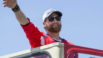 WASHINGTON, DC - JUNE 12: Washington Capitals goaltender Braden Holtby (70) during the Washington Capitals Stanley Cup Victory Parade on Constitution Avenue, in Washington, D.C., on June 12, 2018.(Photo by Tony Quinn/Icon Sportswire via Getty Images)