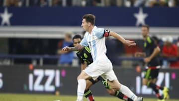 Sep 8, 2015; Arlington, TX, USA; Argentina forward Lionel Messi (10) controls the ball against Mexico at AT&T Stadium. Mandatory Credit: Matthew Emmons-USA TODAY Sports