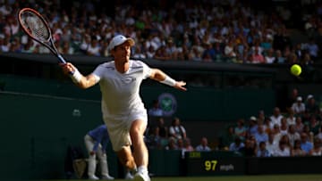LONDON, ENGLAND - JULY 07: Andy Murray of Great Britain plays a forehand during the Gentlemen's Singles third round match against Fabio Fognini of Italy on day five of the Wimbledon Lawn Tennis Championships at the All England Lawn Tennis and Croquet Club on July 7, 2017 in London, England. (Photo by Michael Steele/Getty Images)