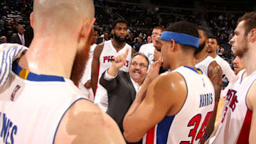 AUBURN HILLS, MI - MARCH 30: Stan Van Gundy of the Detroit Pistons talks with his team during the game against the Brooklyn Nets on March 30, 2017 at The Palace of Auburn Hills in Auburn Hills, Michigan. NOTE TO USER: User expressly acknowledges and agrees that, by downloading and/or using this photograph, User is consenting to the terms and conditions of the Getty Images License Agreement. Mandatory Copyright Notice: Copyright 2017 NBAE (Photo by Brian Sevald/NBAE via Getty Images)