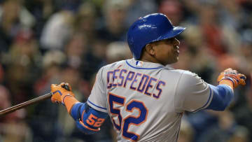 May 23, 2016; Washington, DC, USA; New York Mets center fielder Yoenis Cespedes (52) hits a solo home run during the fifth inning against the Washington Nationals at Nationals Park. New York Mets defeated Washington Nationals 7-1. Mandatory Credit: Tommy Gilligan-USA TODAY Sports
