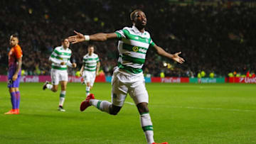 GLASGOW, SCOTLAND - SEPTEMBER 28: Moussa Dembele of Celtic celebrates after scoring his team's third goal during the UEFA Champions League group C match between Celtic FC and Manchester City FC at Celtic Park on September 28, 2016 in Glasgow, Scotland. (Photo by Michael Steele/Getty Images)