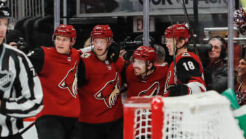 GLENDALE, AZ - OCTOBER 10: The Arizona Coyotes celebrate after a goal during the NHL hockey game between the Vegas Golden Knights and the Arizona Coyotes on October 10, 2019 at Gila River Arena in Glendale, Arizona. (Photo by Kevin Abele/Icon Sportswire via Getty Images)