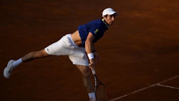 ROME, ITALY - MAY 17: Pablo Cuevas of Uruguay plays a shot during his second round match against Dominic Thiem of Austria in The Internazionali BNL d'Italia 2017 at Foro Italico on May 17, 2017 in Rome, Italy. (Photo by Gareth Copley/Getty Images)