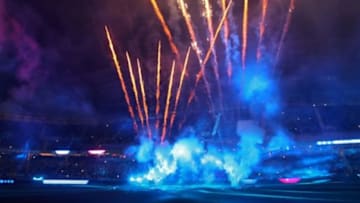 Jul 19, 2014; Harrison, NJ, USA; Fireworks show after the New York Red Bulls and San Jose Earthquakes MLS soccer game at Red Bull Arena. The game ended in a 1-1 tie.Mandatory Credit: Noah K. Murray-USA TODAY Sports