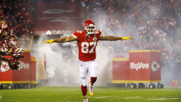 KANSAS CITY, MO - OCTOBER 30: Tight end Travis Kelce #87 of the Kansas City Chiefs takes the field during player introductions prior to the game against the Denver Broncosat Arrowhead Stadium on October 30, 2017 in Kansas City, Missouri. ( Photo by Jamie Squire/Getty Images )