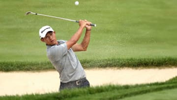 DUBLIN, OHIO - JULY 09: Collin Morikawa of the United States plays a shot from a bunker on the 18th hole during the first round of the Workday Charity Open on July 09, 2020 at Muirfield Village Golf Club in Dublin, Ohio. (Photo by Gregory Shamus/Getty Images)