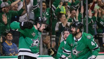 DALLAS, TX - MARCH 03: Dallas Stars center Devin Shore (17) scores a goal but is overturned for a no goal during the game between the Dallas Stars and the St. Louis Blues on March 3, 2018 at the American Airlines Center in Dallas, Texas. Dallas defeats St. Louis 3-2 in overtime. (Photo by Matthew Pearce/Icon Sportswire via Getty Images)
