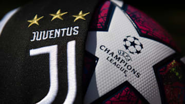 MANCHESTER, ENGLAND - MAY 06: The Juventus club crest on the first team home shirt displayed with the official Adidas UEFA Champions League match ball on May 6, 2020 in Manchester, England (Photo by Visionhaus)