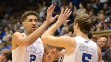 Feb 25, 2016; Durham, NC, USA; Duke Blue Devils forward Chase Jeter (2) is greeted by guard Luke Kennard (5) as he comes off the court during the first half against the Florida State Seminoles at Cameron Indoor Stadium. Mandatory Credit: Rob Kinnan-USA TODAY Sports