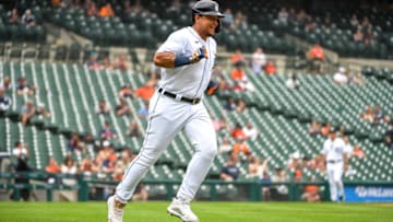 DETROIT, MICHIGAN - JUNE 26: Miguel Cabrera #24 of the Detroit Tigers runs to first base against the Houston Astros during the bottom of the sixth inning in game one of a doubleheader at Comerica Park on June 26, 2021 in Detroit, Michigan. (Photo by Nic Antaya/Getty Images)