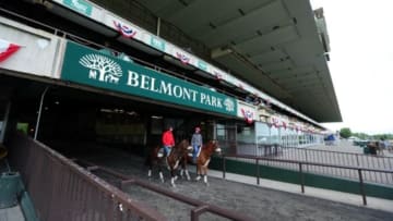 Jun 5, 2015; Elmont, NY, USA; General view of training the day before the 2015 Belmont Stakes at Belmont Park. Mandatory Credit: Brad Penner-USA TODAY Sports