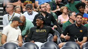 SALT LAKE CITY, UT - JULY 1: Dante Exum #11, Donovan Mitchell #45, and Georges Niang #31 of the Utah Jazz attend the game against the Memphis Grizzlies on July 1, 2019 at vivint.SmartHome Arena in Salt Lake City, Utah. Copyright 2019 NBAE (Photo by Melissa Majchrzak/NBAE via Getty Images)