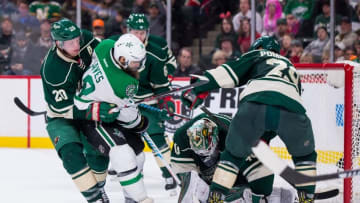 Oct 29, 2016; Saint Paul, MN, USA; Minnesota Wild goalie Devan Dubnyk (40) makes a save against the Dallas Stars forward Patrick Eaves (18) in the second period at Xcel Energy Center. Mandatory Credit: Brad Rempel-USA TODAY Sports