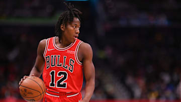 Mar 29, 2022; Washington, District of Columbia, USA; Chicago Bulls guard Ayo Dosunmu (12) dribbles up the court during the game against the Washington Wizards at Capital One Arena. Mandatory Credit: Tommy Gilligan-USA TODAY Sports