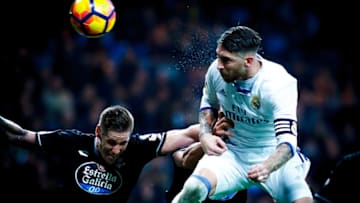 MADRID, SPAIN - DECEMBER 10: Sergio Ramos of Real Madrid scores the third goal during the Spanish League 2016/17 match between Real Madrid and Deportivo, at Santiago Bernabeu Stadium in Madrid on December 10, 2016. (Photo by Guillermo Martinez/Corbis via Getty Images)