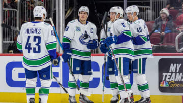 CHICAGO, IL - NOVEMBER 07: Vancouver Canucks winger J.T. Miller (9) celebrates his goal with teammates in the 2nd period during an NHL hockey game between the Vancouver Canucks and the Chicago Blackhawks on November 07, 2019, at the United Center in Chicago, IL. (Photo By Daniel Bartel/Icon Sportswire via Getty Images)