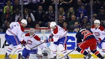 NEW YORK, NY - FEBRUARY 21: (L-R) Shea Weber #6, Carey Price #31 and Alex Galchenyuk #27 of the Montreal Canadiens defend against Chris Kreider #20 of the New York Rangers during the first period at Madison Square Garden on February 21, 2017 in New York City. (Photo by Bruce Bennett/Getty Images)