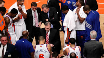 NEW YORK, NY - FEBRUARY 19: (NEW YORK DAILY NEWS OUT) Mike D'Antoni of the New York Knicks talks to players during a game against the Dallas Mavericks on February 19, 2012 at Madison Square Garden in New York City. NOTE TO USER: User expressly acknowledges and agrees that, by downloading and/or using this Photograph, user is consenting to the terms and conditions of the Getty Images License Agreement. (Photo by Jeff Zelevansky/Getty Images)