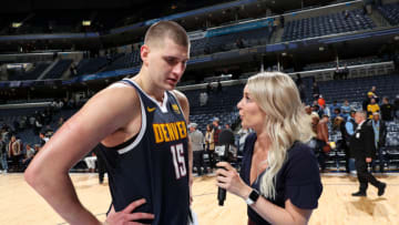 MEMPHIS, TN - JANUARY 28: Nikola Jokic #15 of the Denver Nuggets speaks with the media after the game against the Memphis Grizzlies on January 28, 2019 at FedExForum in Memphis, Tennessee. NOTE TO USER: User expressly acknowledges and agrees that, by downloading and or using this photograph, User is consenting to the terms and conditions of the Getty Images License Agreement. Mandatory Copyright Notice: Copyright 2019 NBAE (Photo by Joe Murphy/NBAE via Getty Images)