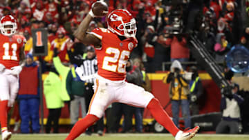 KANSAS CITY, MISSOURI - JANUARY 20: Damien Williams #26 of the Kansas City Chiefs celebrates after rushing for a 2-yard touchdown in the fourth quarter against the New England Patriots during the AFC Championship Game at Arrowhead Stadium on January 20, 2019 in Kansas City, Missouri. (Photo by Ronald Martinez/Getty Images)