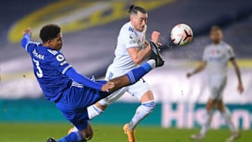 Leicester City's Wesley Fofana (L), Leeds United's Jack Harrison (Photo by MICHAEL REGAN/POOL/AFP via Getty Images)