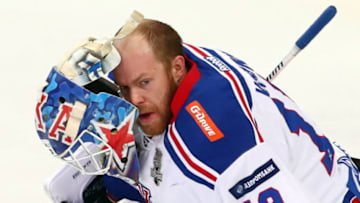 MOSCOW, RUSSIA - APRIL 8, 2018: SKA St Petersburg's goaltender Mikko Koskinen in Game 6 of the 2017/2018 Kontinental Hockey League Western Conference final best-of-seven playoff between CSKA Moscow and SKA St Petersburg at CSKA Arena; CSKA Moscow won the game 3 - 2. Stanislav Krasilnikov/TASS (Photo by Stanislav KrasilnikovTASS via Getty Images)