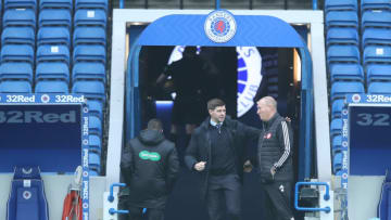 GLASGOW, SCOTLAND - NOVEMBER 08: Steven Gerrard, Manager of Rangers interacts with Brian Rice, manager of Hamilton Academical ahead of the Ladbrokes Scottish Premiership match between Rangers and Hamilton Academical at Ibrox Stadium on November 08, 2020 in Glasgow, Scotland. Sporting stadiums around the UK remain under strict restrictions due to the Coronavirus Pandemic as Government social distancing laws prohibit fans inside venues resulting in games being played behind closed doors. (Photo by Ian MacNicol/Getty Images)