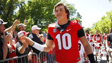 Apr 16, 2016; Athens, GA, USA; Georgia Bulldogs mascot Uga X on the field during the second half of the spring game at Sanford Stadium. The Black team defeated the Red team 34-14. Mandatory Credit: Brett Davis-USA TODAY Sports