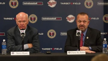 Nov 4, 2014; Minneapolis, MN, USA; Minnesota Twins general manager Terry Ryan and president Dave St. Peter address the media at Target Field. Mandatory Credit: Brad Rempel-USA TODAY Sports