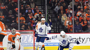 Nov 10, 2021; Philadelphia, Pennsylvania, USA; Toronto Maple Leafs center William Nylander (88) celebrates his goal against the Philadelphia Flyers during the third period at Wells Fargo Center. Mandatory Credit: Eric Hartline-USA TODAY Sports