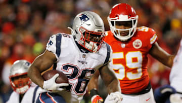 KANSAS CITY, MISSOURI - JANUARY 20: Sony Michel #26 of the New England Patriots runs with the ball in the second half against the Kansas City Chiefs during the AFC Championship Game at Arrowhead Stadium on January 20, 2019 in Kansas City, Missouri. (Photo by David Eulitt/Getty Images)