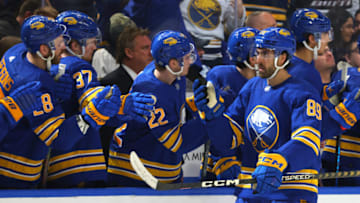 Feb 21, 2023; Buffalo, New York, USA; Buffalo Sabres right wing Alex Tuch (89) celebrates his goal with teammates during the third period against the Toronto Maple Leafs at KeyBank Center. Mandatory Credit: Timothy T. Ludwig-USA TODAY Sports
