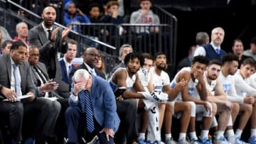 LAS VEGAS, NEVADA - DECEMBER 21: Head coach Roy Williams of the North Carolina Tar Heels reacts after his players turned the ball over against the UCLA Bruins during the CBS Sports Classic at T-Mobile Arena on December 21, 2019 in Las Vegas, Nevada. The Tar Heels defeated the Bruins 74-64. (Photo by Ethan Miller/Getty Images)