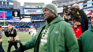 Head coach Todd Bowles of the New York Jets reacts after a game against the New England Patriots at Gillette Stadium on December 30, 2018 in Foxborough, Massachusetts. (Photo by Jim Rogash/Getty Images)