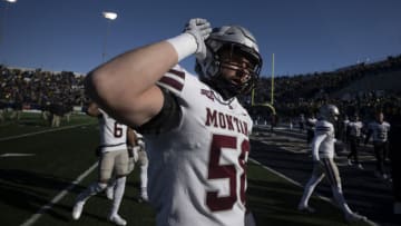 BOZEMAN, MONTANA - NOVEMBER 19: Patrick O'Connell #58 of the Montana Grizzlies reacts before a college football game against the Montana State Bobcats at Bobcat Stadium on November 19, 2022 in Bozeman, Montana. (Photo by Tommy Martino/University of Montana/Getty Images)