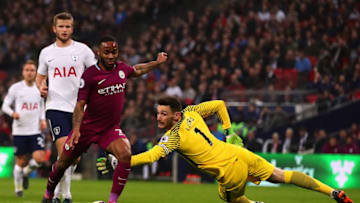 LONDON, ENGLAND - APRIL 14: Raheem Sterling of Manchester City in action with Hugo Lloris of Tottenham Hotspur during the Premier League match between Tottenham Hotspur and Manchester City at Wembley Stadium on April 14, 2018 in London, England. (Photo by Chris Brunskill Ltd/Getty Images)