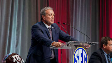 Jul 21, 2022; Atlanta, GA, USA; Texas A&M head coach Jimbo Fisher shown on the stage during SEC Media Days at the College Football Hall of Fame. Mandatory Credit: Dale Zanine-USA TODAY Sports