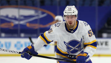 Feb 28, 2021; Buffalo, New York, USA; Buffalo Sabres defenseman Rasmus Ristolainen (55) goes after a loose puck during the first period against the Philadelphia Flyers at KeyBank Center. Mandatory Credit: Timothy T. Ludwig-USA TODAY Sports