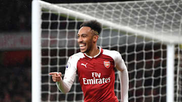 LONDON, ENGLAND - FEBRUARY 03: Pierre-Emerick Aubameyang of Arsenal celebrates after scoring his sides fourth goal during the Premier League match between Arsenal and Everton at Emirates Stadium on February 3, 2018 in London, England. (Photo by Michael Regan/Getty Images)
