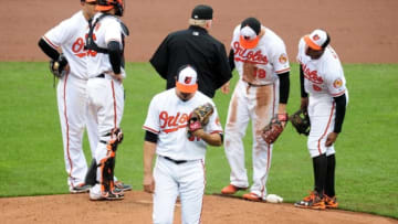 May 1, 2016; Baltimore, MD, USA; Baltimore Orioles pitcher Ubaldo Jimenez (31) walks off the field after being removed from the game in the fifth inning against the Chicago White Sox at Oriole Park at Camden Yards. Mandatory Credit: Evan Habeeb-USA TODAY Sports