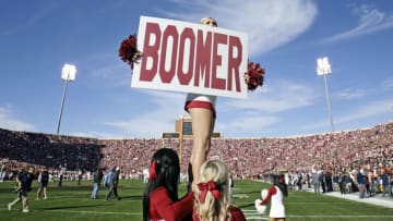NORMAN, OK - NOVEMBER 25: Members of the Oklahoma Sooners spirit squad perform before the game against the West Virginia Mountaineers at Gaylord Family Oklahoma Memorial Stadium on November 25, 2017 in Norman, Oklahoma. Oklahoma defeated West Virginia 59-31. (Photo by Brett Deering/Getty Images) *** Local Caption ***