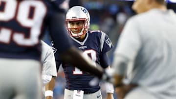 Aug 18, 2016; Foxborough, MA, USA; New England Patriots quarterback Jimmy Garoppolo (10) warms up before the start of the game against the Chicago Bears at Gillette Stadium. Mandatory Credit: David Butler II-USA TODAY Sports