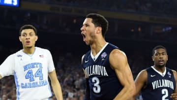 Apr 4, 2016; Houston, TX, USA; North Carolina Tar Heels forward Justin Jackson (44) shoots the ball against Villanova Wildcats guard Josh Hart (3) during the first half in the championship game of the 2016 NCAA Men's Final Four at NRG Stadium. Mandatory Credit: Bob Donnan-USA TODAY Sports