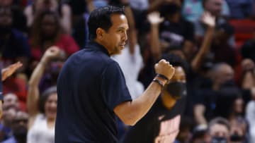 Head coach Erik Spoelstra of the Miami Heat looks on against the Charlotte Hornets(Photo by Michael Reaves/Getty Images)