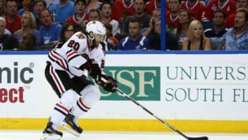 Jun 13, 2015; Tampa, FL, USA; Chicago Blackhawks left wing Brandon Saad (20) during the first period at game five of the 2015 Stanley Cup Final at Amalie Arena. Mandatory Credit: Kim Klement-USA TODAY Sports