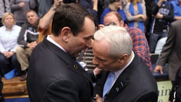 Duke basketball head coach Mike Krzyzewski and UNC's Roy Williams (Photo by Lance King/Getty Images)