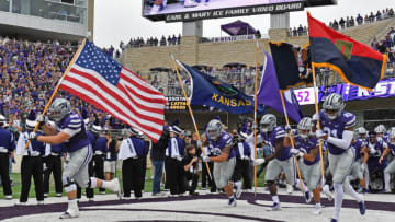 MANHATTAN, KS - SEPTEMBER 08: The Kansas State Wildcats rush out onto the field, prior to a game against the Mississippi State Bulldogs on September 8, 2018 at Bill Snyder Family Stadium in Manhattan, Kansas. (Photo by Peter G. Aiken/Getty Images)
